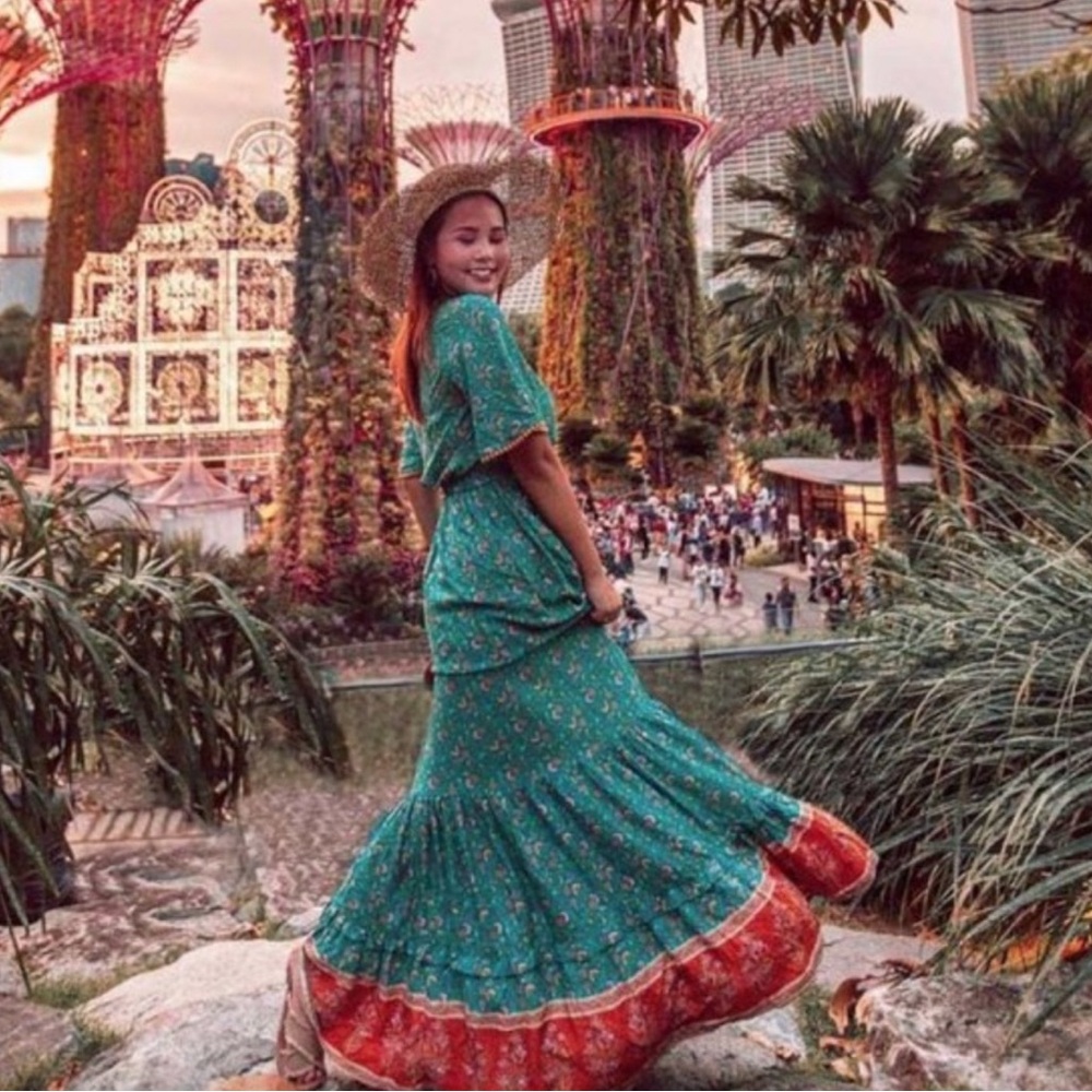 Boho Green Floral Print butterfly sleeve Maxi Dress